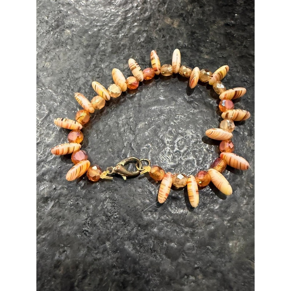 Handmade Lampwork Glass & Czech Crystal Beaded Bracelet Boho Artisan Peach Amber